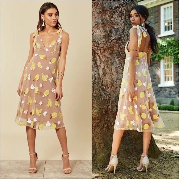 FOR LOVE & LEMONS Sequin Embroidered Tropical Fruit Sleeveless Tan Midi Dress XS - Picture 1 of 16